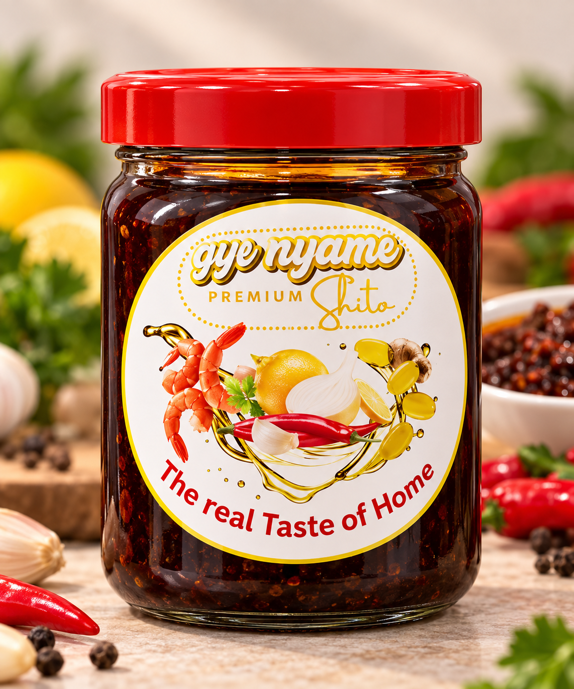 Close-up of Gye Nyame Premium Shito jar