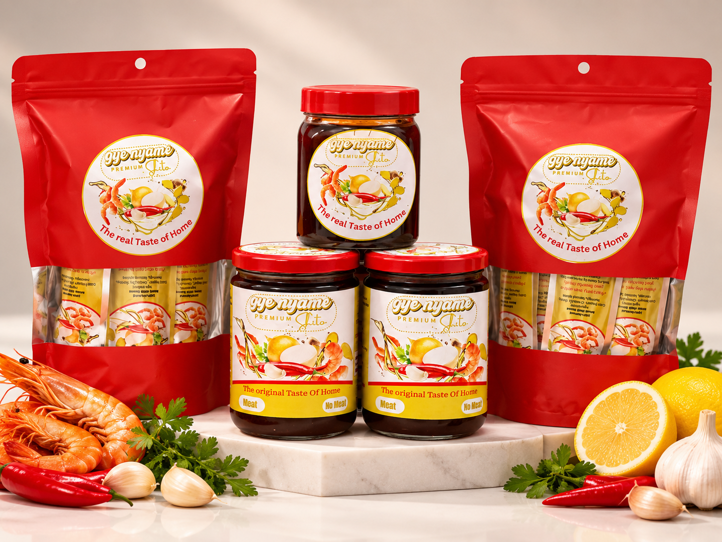 Gye Nyame Premium Shito jars and sachets with fresh chilli, shrimp, garlic and lemon